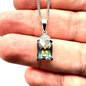 Womens Necklace 14K White Gold Mystic Topaz Diamond Pendant Estate Jewelry